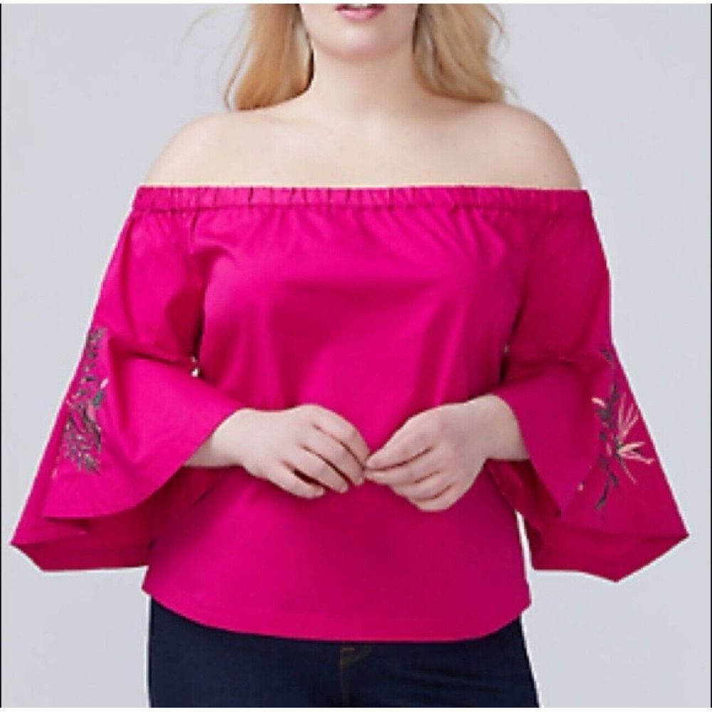 Lane Bryant Top 14/16 Embroidered Bell Sleeve Off Shoulder Bright Pink